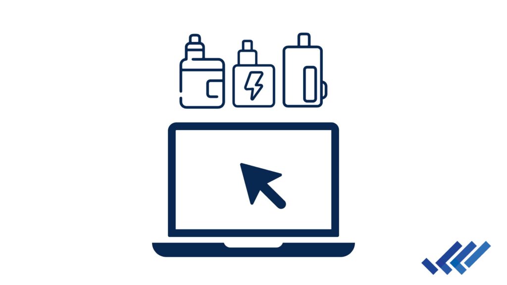 Illustration of vape devices above a laptop screen representing online vape sales and e-commerce growth.