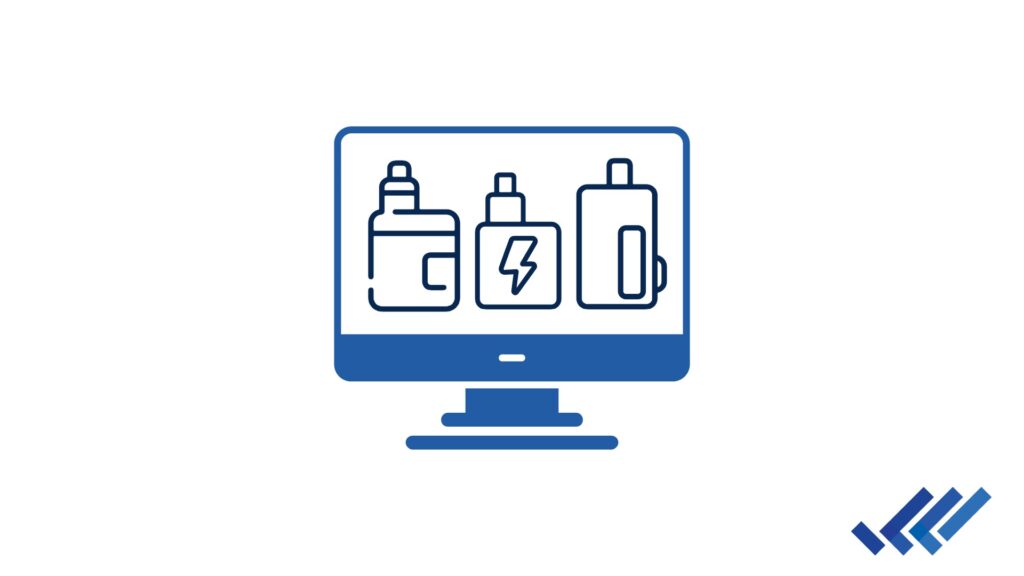 Blue line-art illustration of three vape devices displayed on a computer monitor, representing online vape product listings.